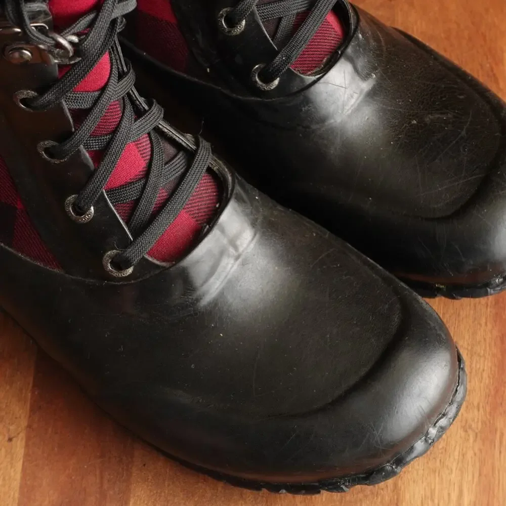 Bogs Boots Youth Size 4 BLK Red Sidney Lace Plaid‎ Rain Waterproof Chore Outdoor
